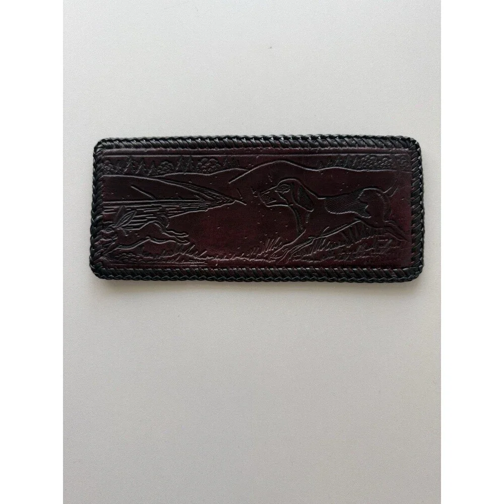 Vintage Hand Tooled Leather Billfold Wallet hunting dog bunny rabbit trifold